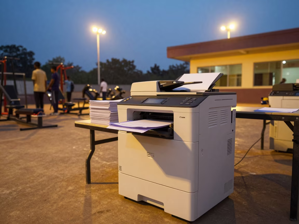 Printer Spitting Flyers in Visakhapatnam Gymnasium in inside a polling station gymnasium near Visakhapatnam