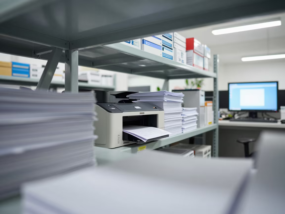 Printer Supply Shelf in Wuhan Operations Center in in an operations center under monitor glow in Wuhan