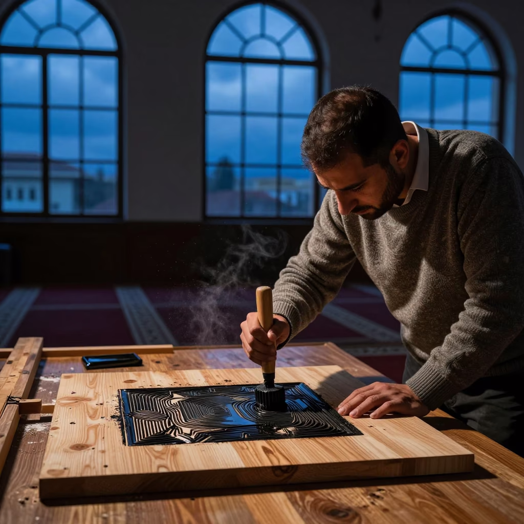 Printmaker Inking Cherry Plate in Prayer Hall Twilight in in a prayer hall near 6th of October