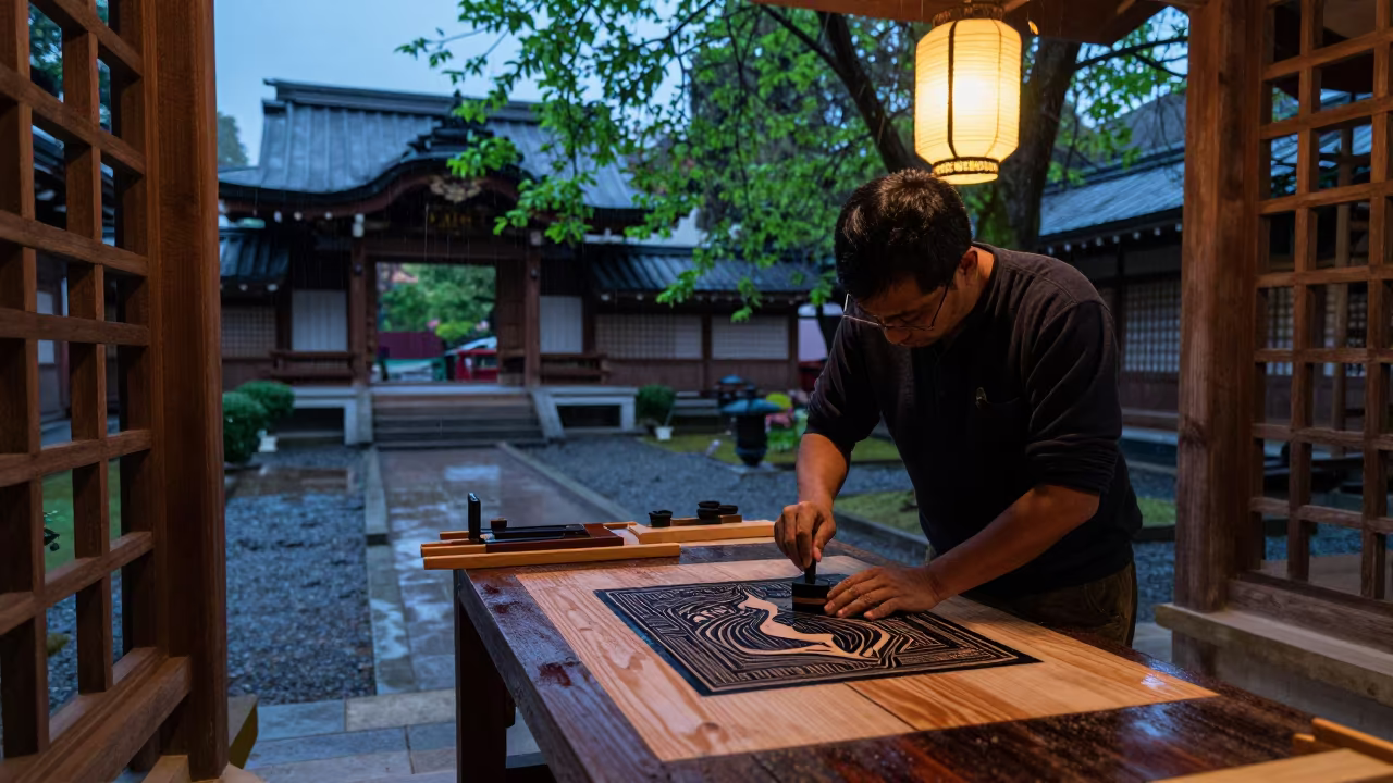 Printmaker Inking Cherry Plate at Twilight Shrine in in a shrine lined with lanterns near Moradabad