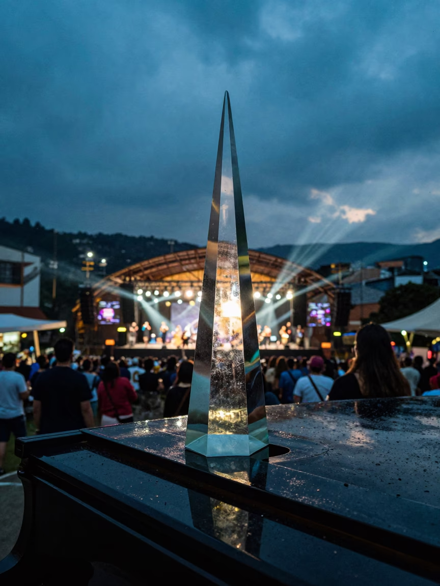 Prism Light on Piano in Bogota Concert Hall in in a concert hall in La Macarena, Bogota