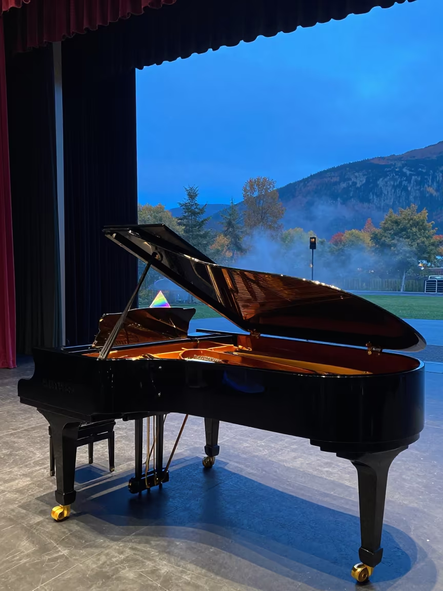 Prism Light on Piano Lid in Juneau Theater in on a theater stage in Juneau