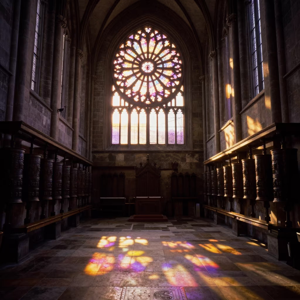 Prismatic Rose Window Sunset Light in Brantford in beside a prayer wheel corridor in Brantford