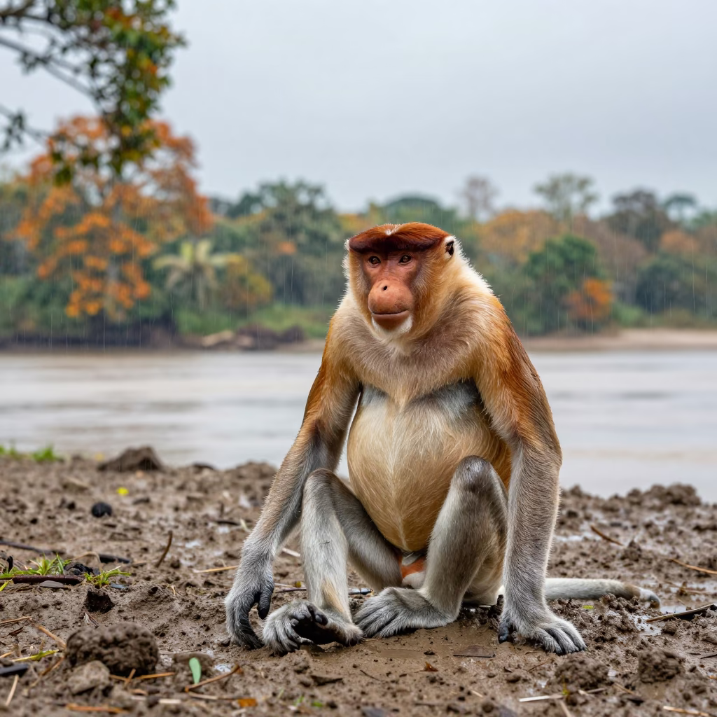 Proboscis Monkey by Borneo River Under Rain in beside a tidal inlet near Xian