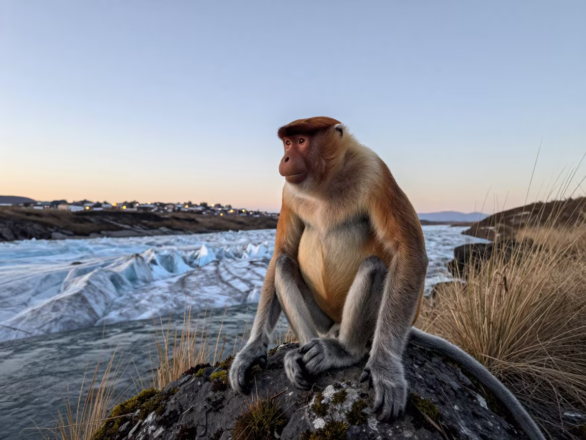 Proboscis Monkey by Borneo River in above a glacial stream near Rehovot