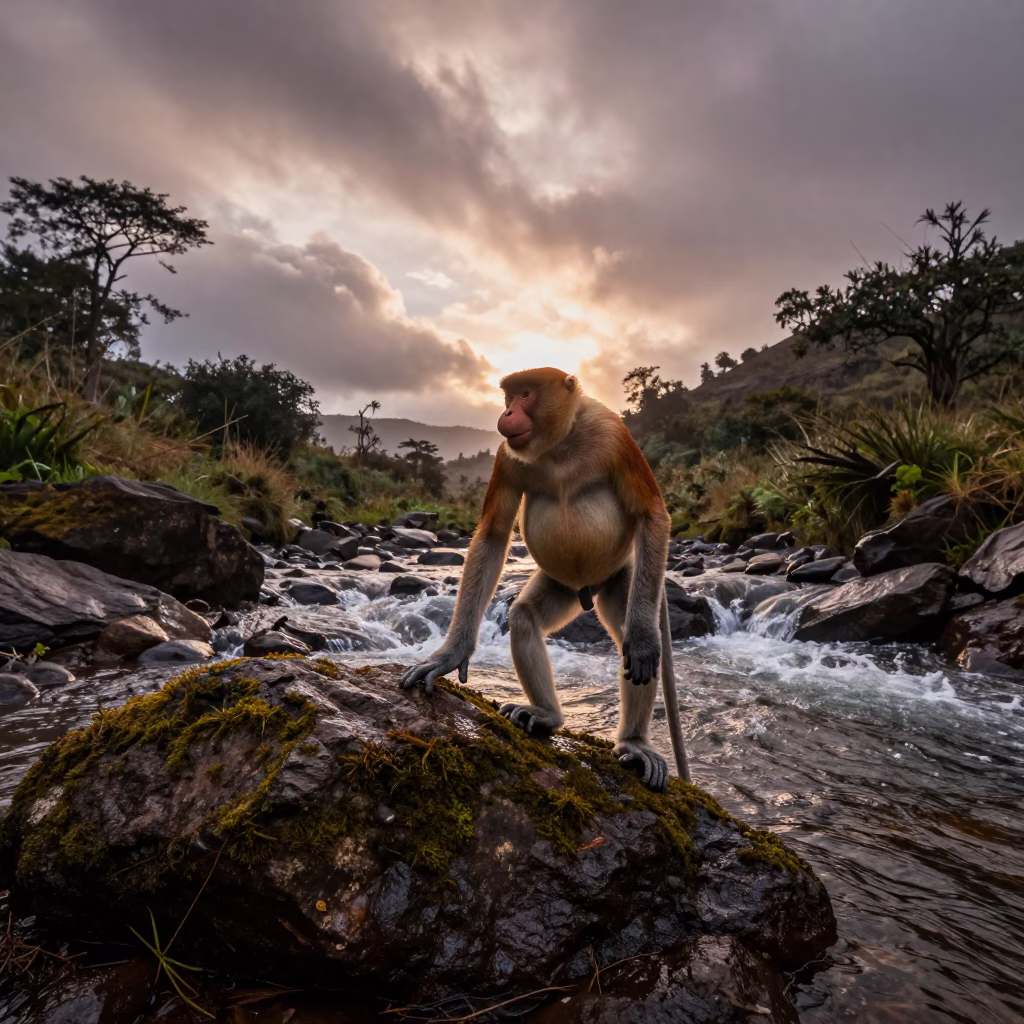 Proboscis Monkey Silhouette Gondar Monsoon Dusk in above a glacial stream near Gondar