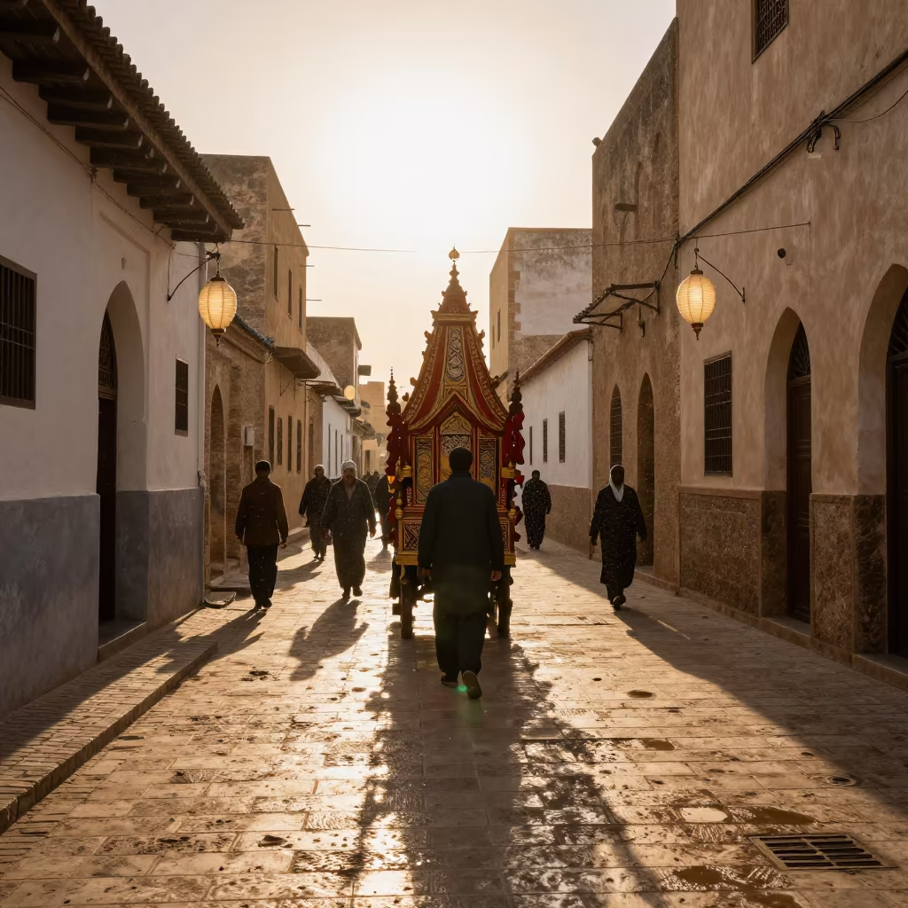 Processional Float Carried Through Kenitra Shrine in in a shrine lined with lanterns in Kenitra