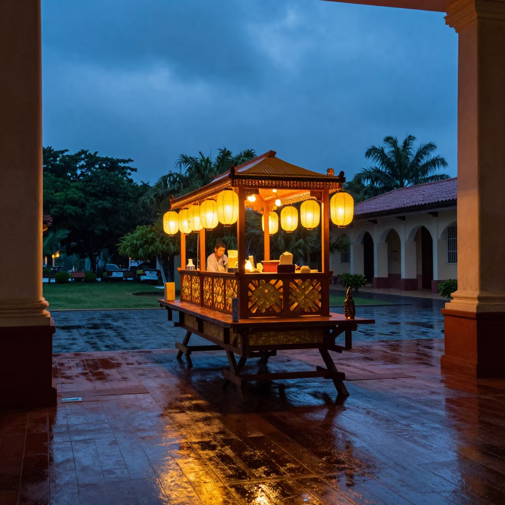 Processional Float Workshop After Rain in in a shrine lined with lanterns in Puerto La Cruz
