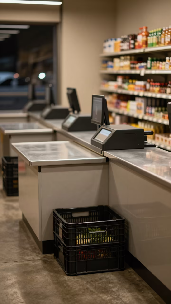 Produce Crate Before Checkout Lane Night in at a checkout lane under flat store light in Brahmanbaria