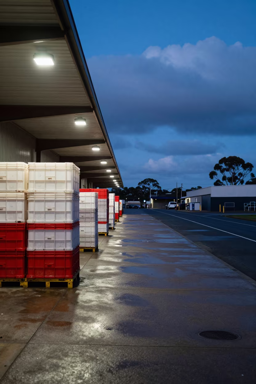 Produce Crates at Sydney Dock Twilight in beside a cross-dock lane under dock lights near Newtown, Sydney
