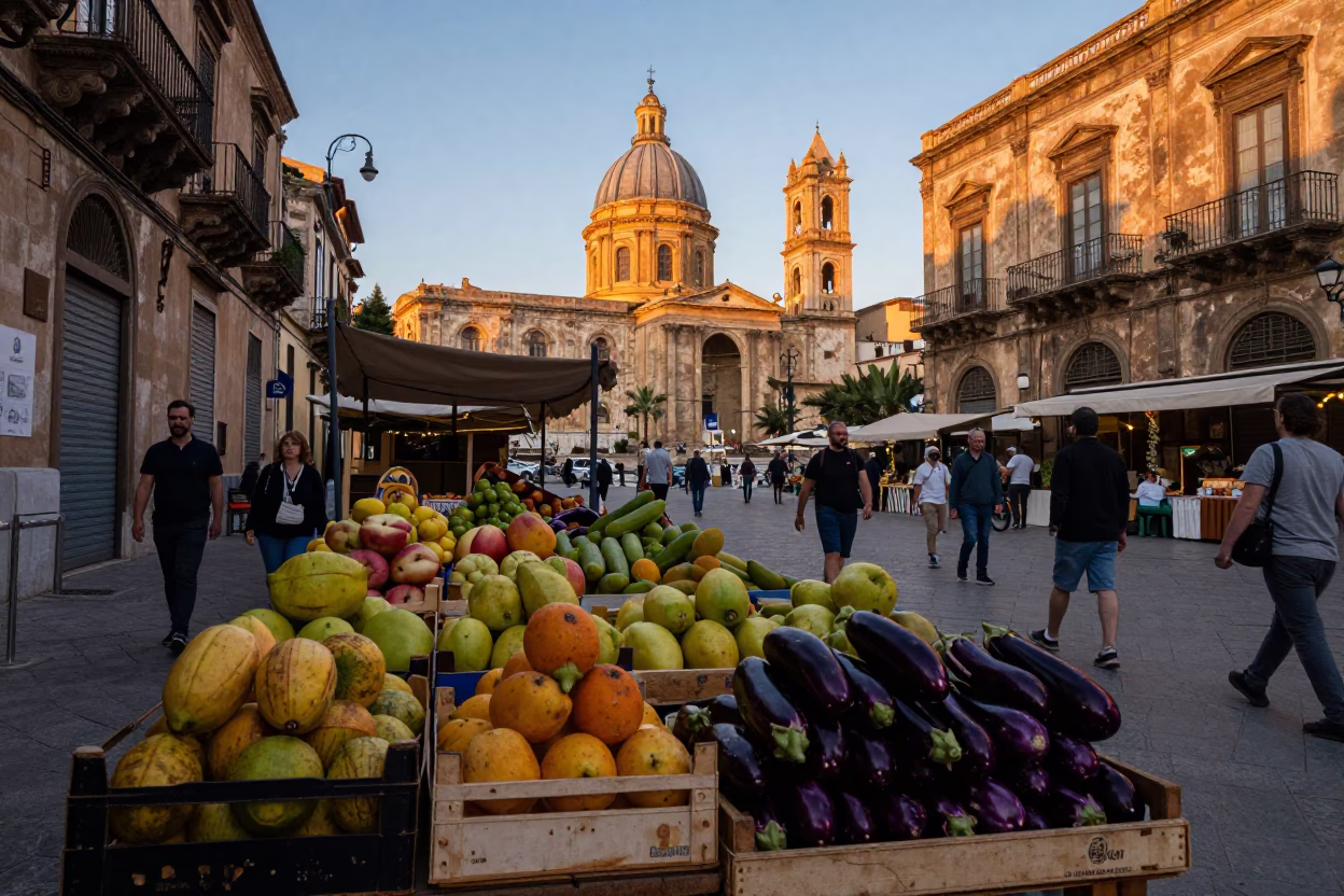 Produce Display in Palermo at First Light Of Dawn in in Palermo, Italy