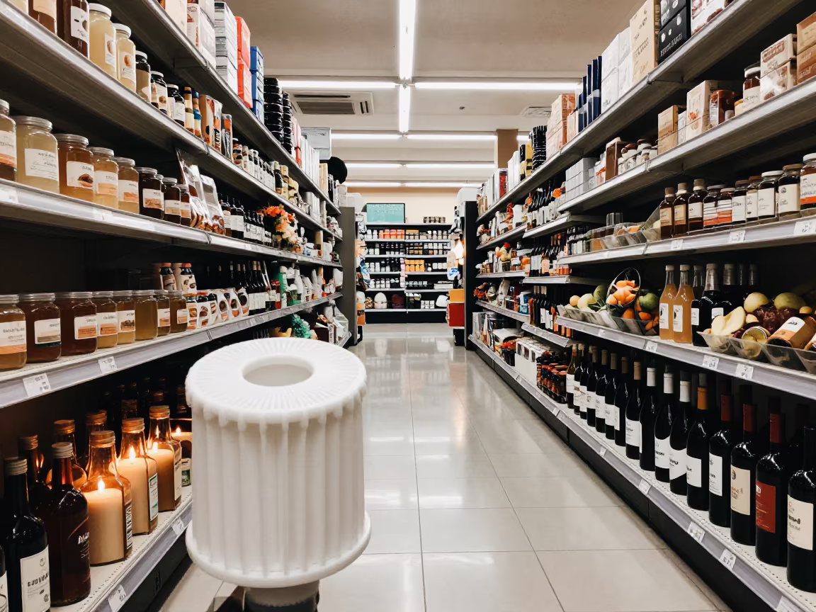 Produce Mist Filter Cup in Jimma Retail Aisle in inside a bright retail aisle in Jimma