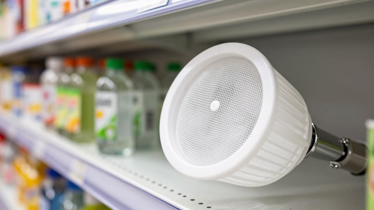 Produce Mist Nozzle Filter Cup Before Fresh Case Prep in inside a bright retail aisle near Minsk