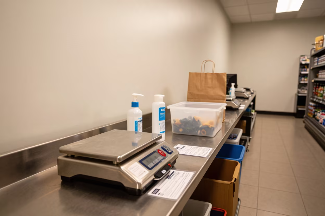 Produce Scale Caddy with Sanitizer and Laminated Cards in inside a storefront prepared for opening near Sheffield