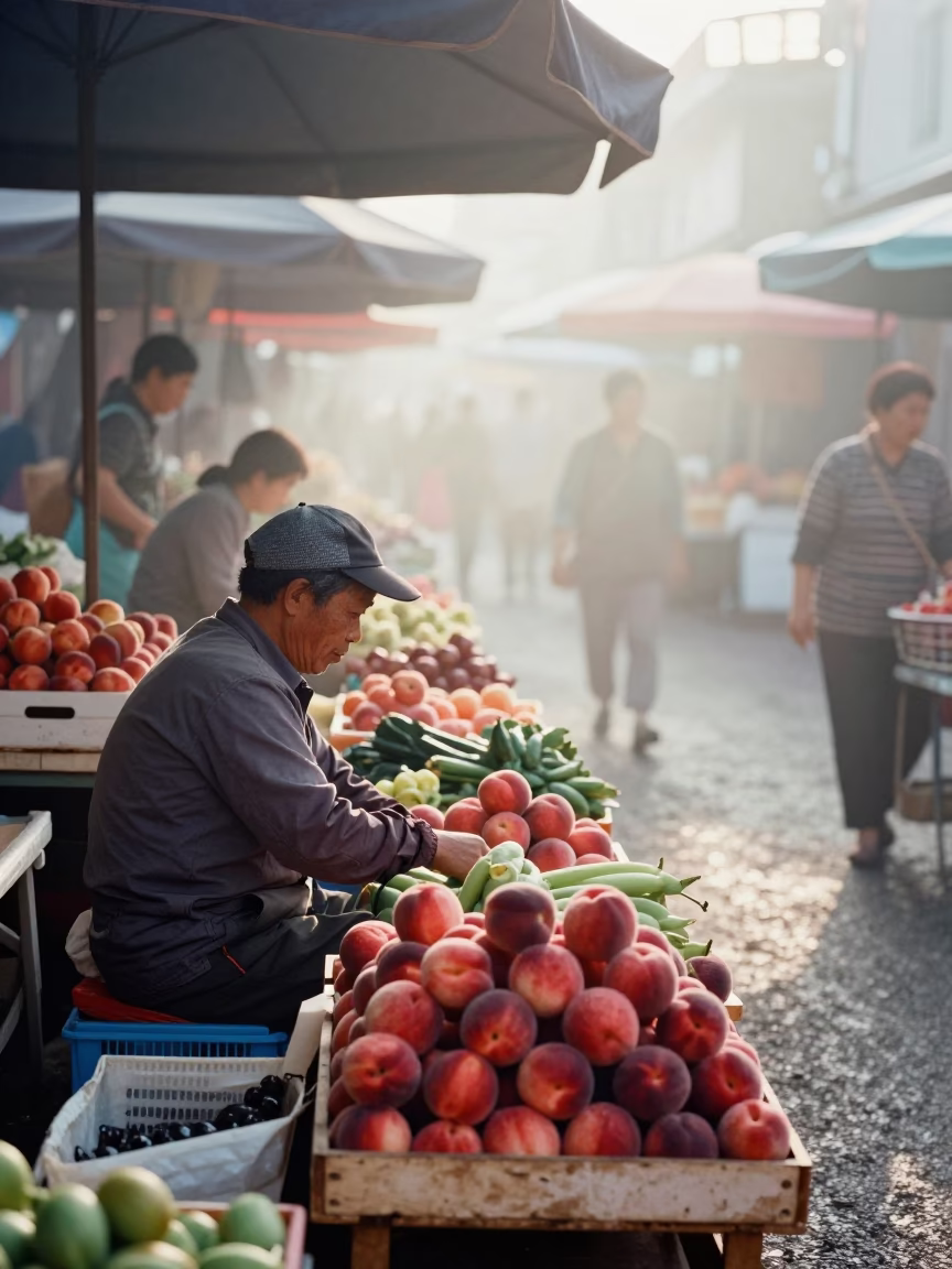 Produce Vendors just after sunrise in Seoul in in Seoul, South Korea