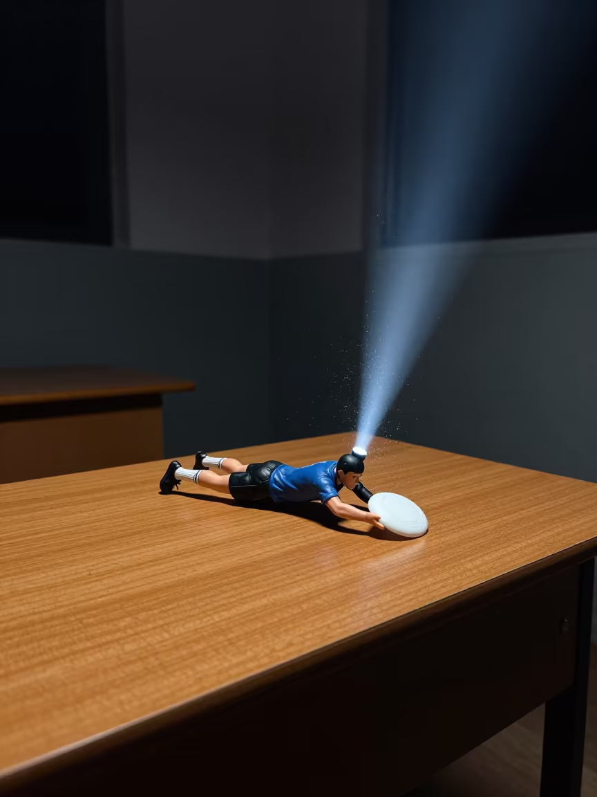 Projected Frisbee Player on Desk at Night in on a writing desk in Brisbane