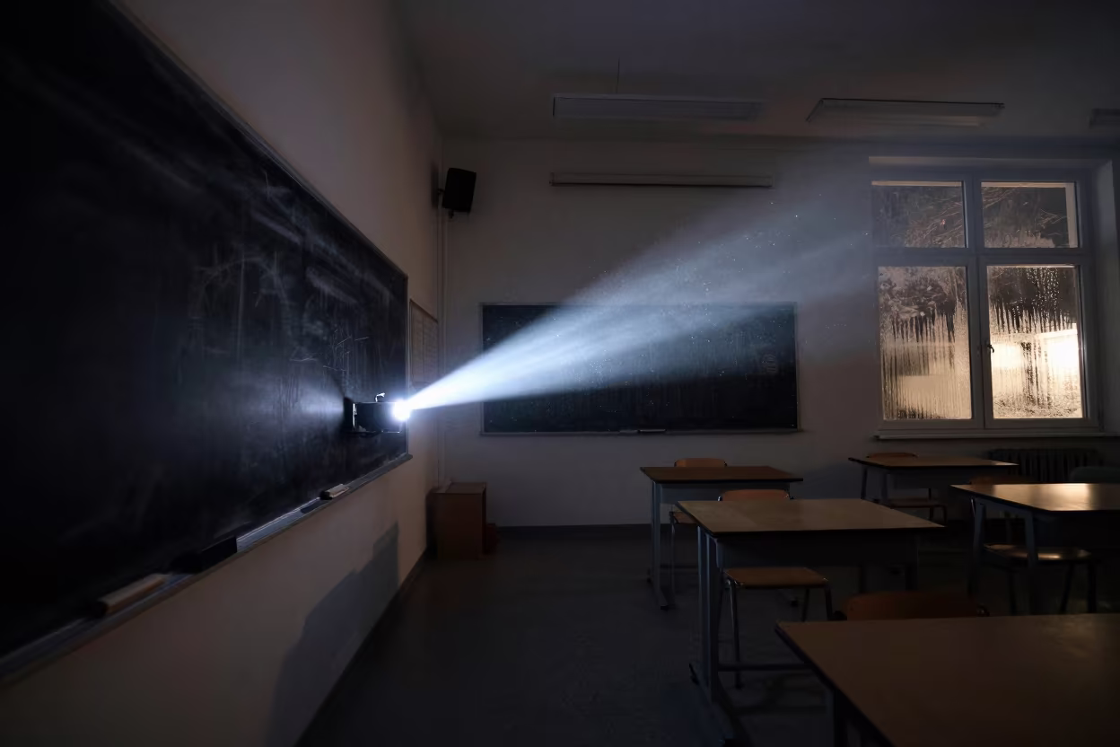 Projector Beam Cuts Blackboard Dust in Hamburg Classroom in inside an art classroom near Hamburg