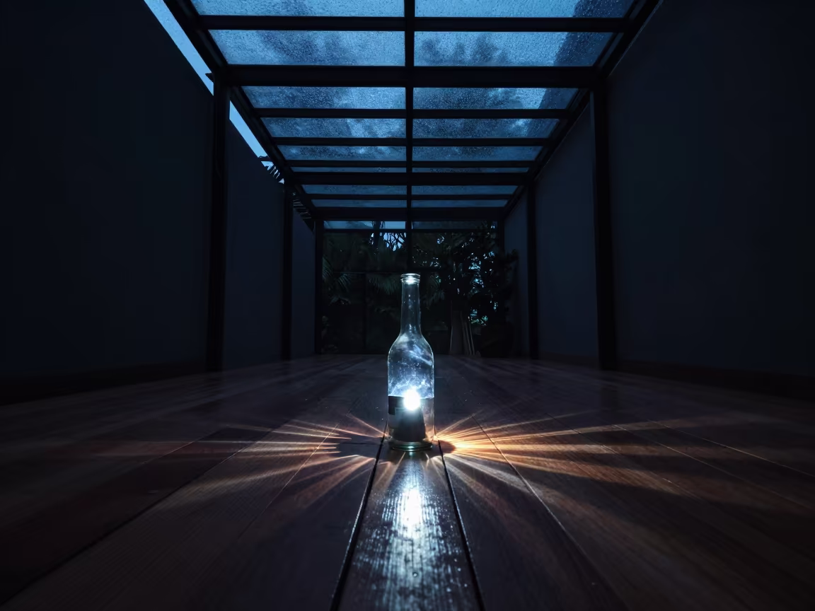 Projector Light Through Bottle on Wood in inside a glass-roofed arcade in Lombok