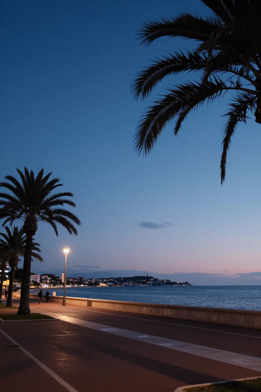 Promenade Des Anglais in Nice at Twilight in in Nice, France