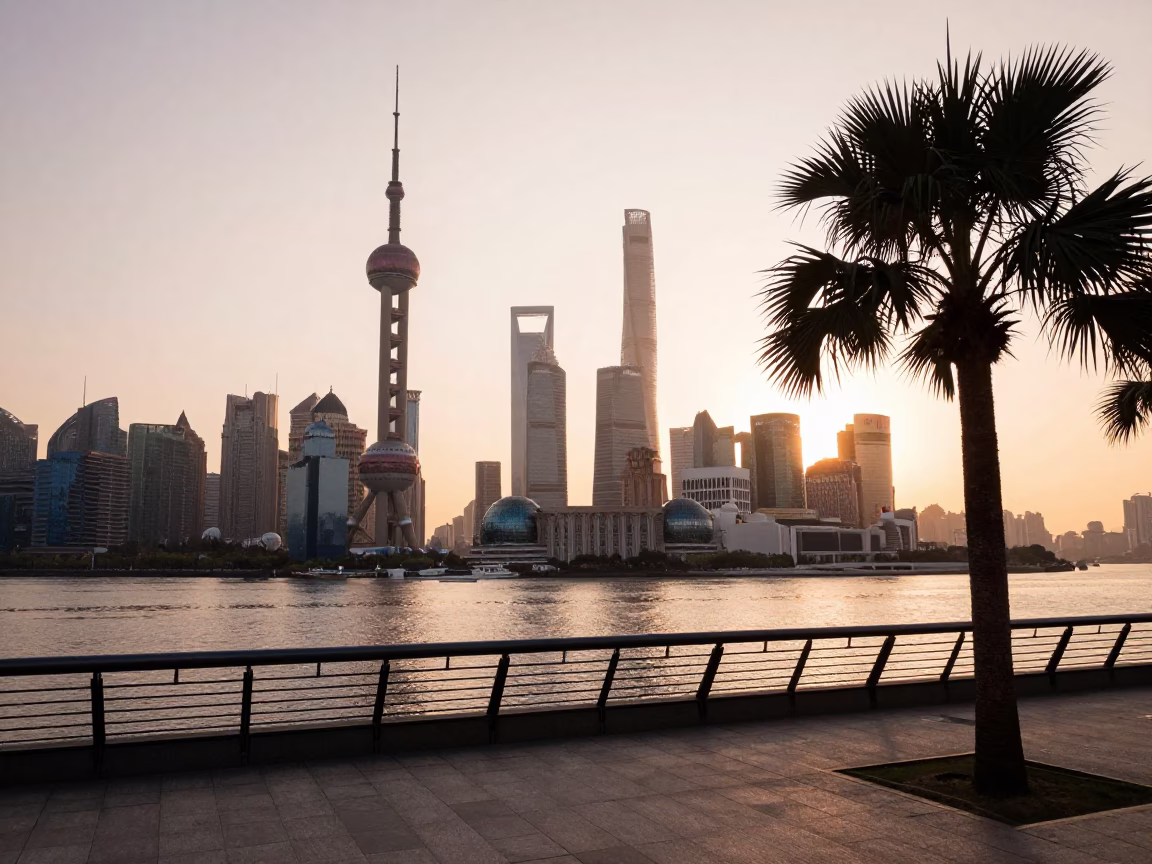 Promenade Dusk in Shanghai at Copper-toned Light Before Dusk in in Shanghai, China