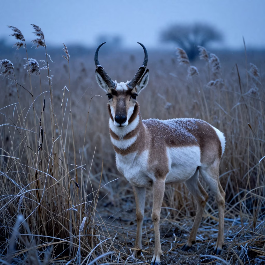 Pronghorn at Blue Hour Near Reed Bed in at the edge of a reed bed near El Mahalla El Kubra