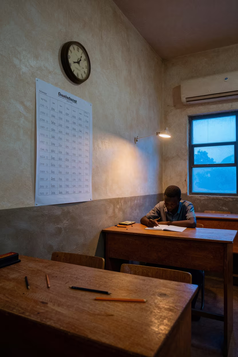 Pronunciation Chart and Clock in Ouagadougou Classroom in inside an art classroom near Ouagadougou