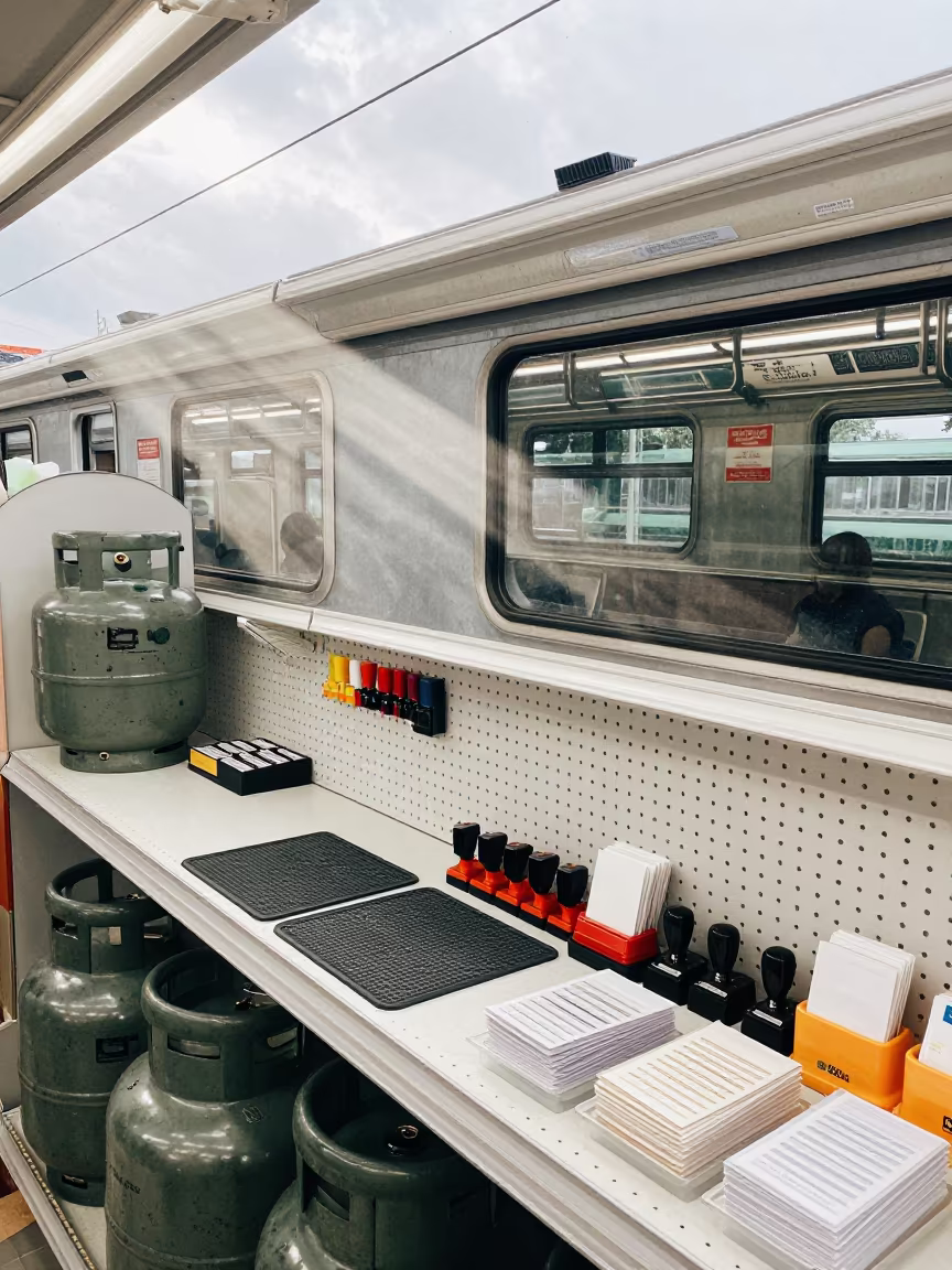 Propane Token Tray Train Car Retail Surrealism in inside a bright retail aisle near Ipoh