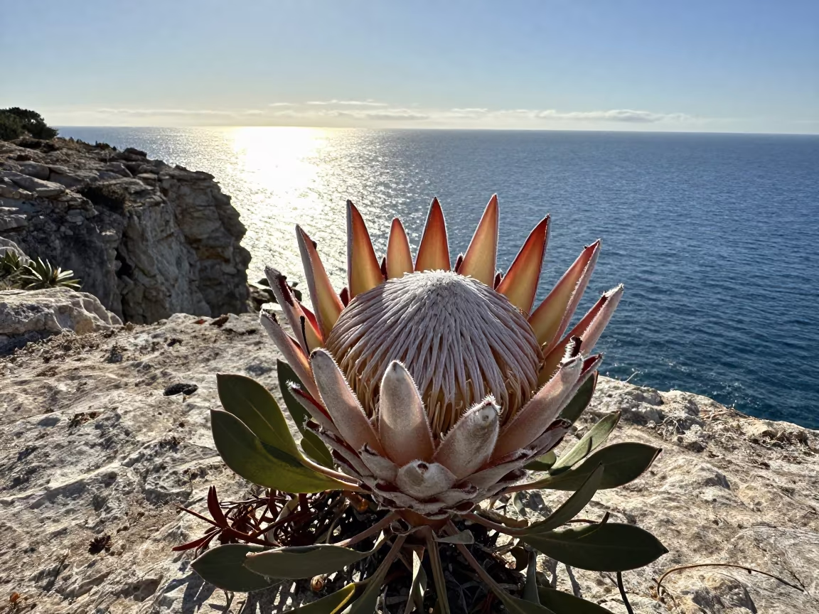 Protea King Bloom on Andalusian Cliff Edge in along a salt-sprayed cliff edge in Andalusia