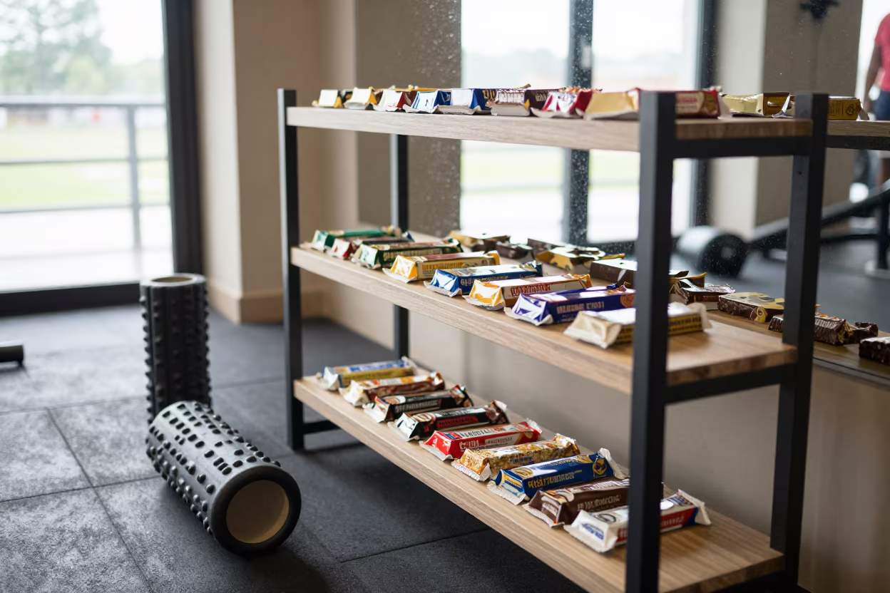 Protein Bar Restock Shelf in Eluru Gym in inside a recovery lounge beside foam rollers in Eluru