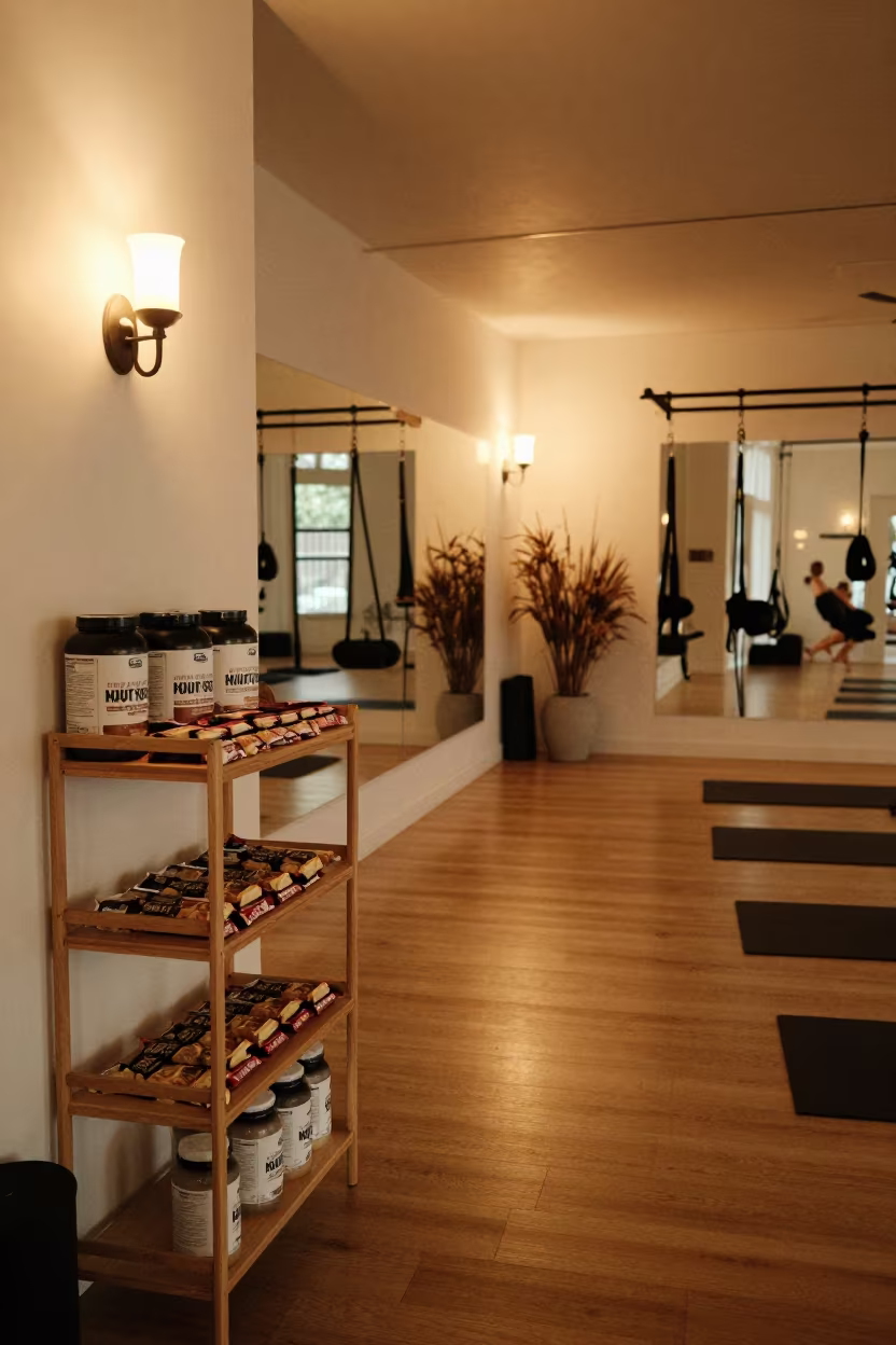 Protein Bar Shelf Restock in Houston Yoga Studio in inside a yoga studio before the session begins in Houston