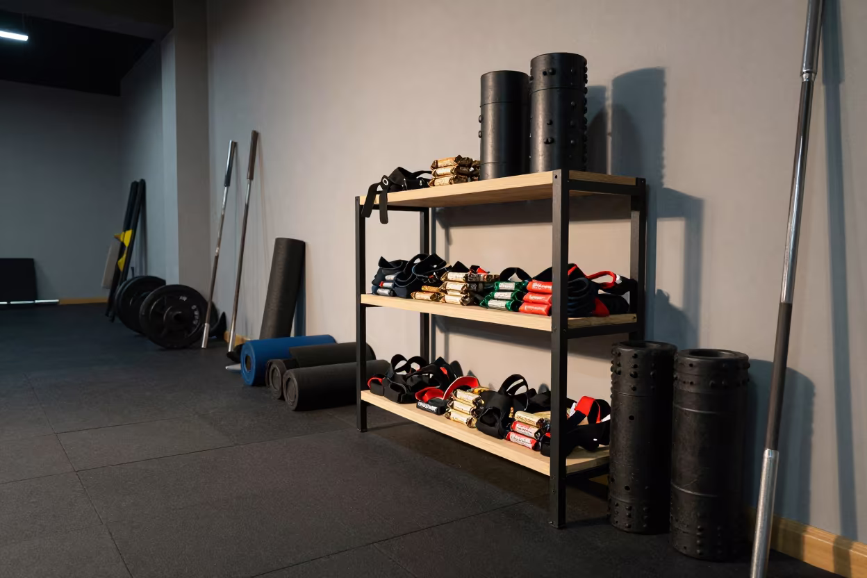 Protein Bar Shelf in Yerevan Recovery Lounge in inside a recovery lounge beside foam rollers in Yerevan