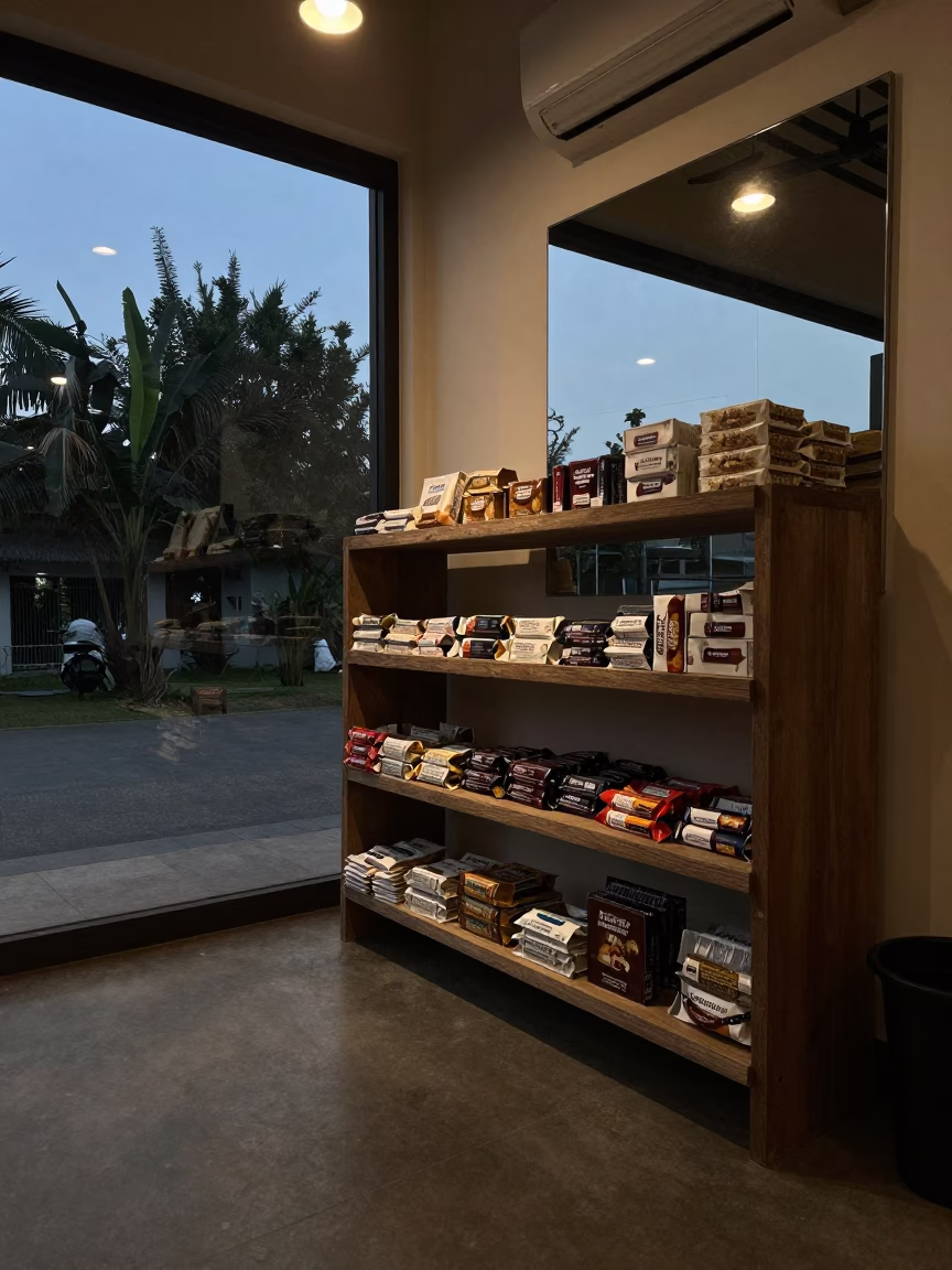 Protein Bar Shelf in Yoga Studio Twilight in inside a yoga studio before the session begins in Srivijayapuram