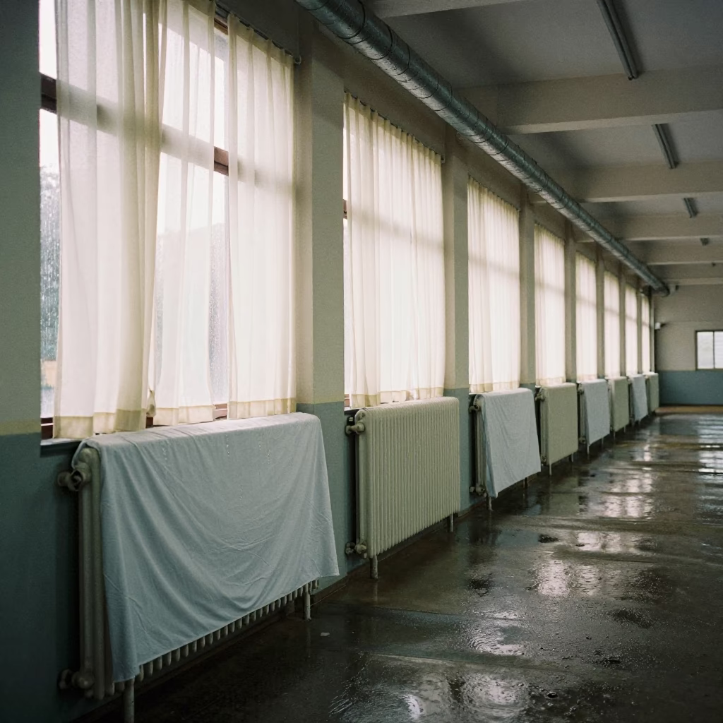 Protest Banner Drying Over Radiators in Maracaibo Hallway in inside a polling station gymnasium in Maracaibo