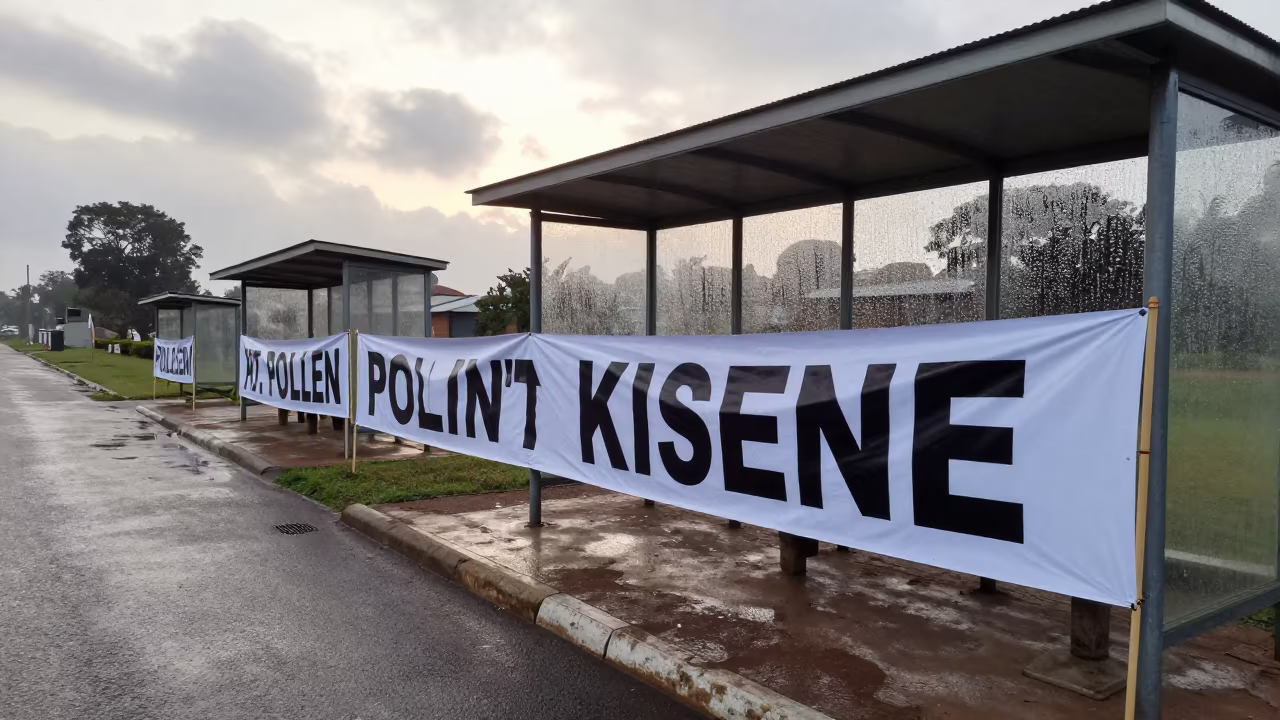 Protest Banner Line Near Bus Shelter Kisumu in outside a polling station entrance near Kisumu