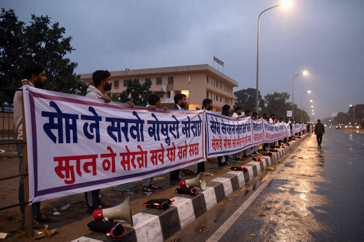 Protest Banners Wet Barricades Dusk Jammu in beneath government building floodlights in Jammu