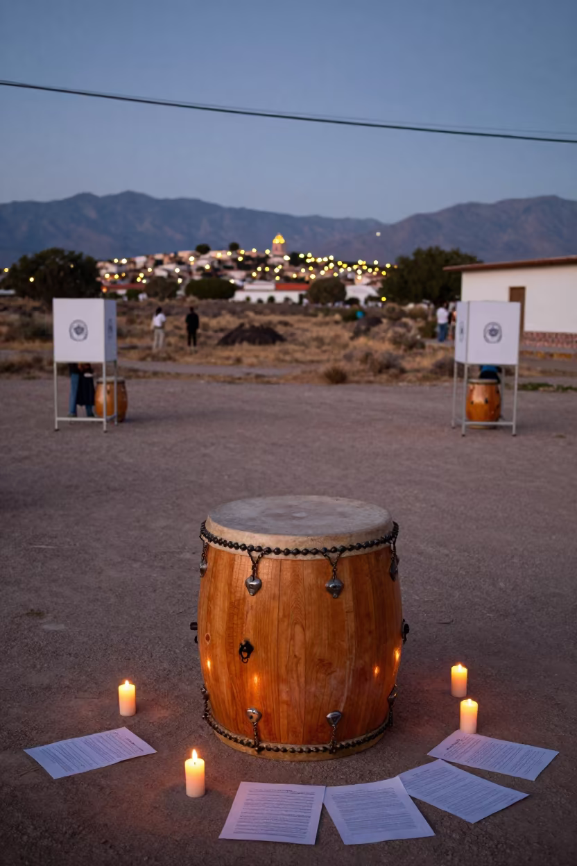 Protest Drum Beside Vigil Candles Outside Polling Station in outside a polling station entrance near Aguascalientes