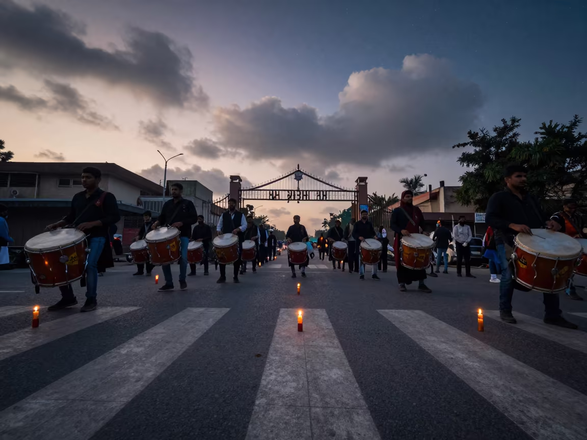 Protest Drum and Candles at Dawn in Karachi in at a crosswalk by a school gate in Karachi