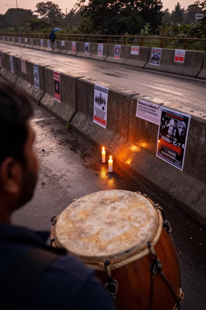 Protest Drum and Candles at Narsingdi Vigil in along barricaded protest routes near Narsingdi