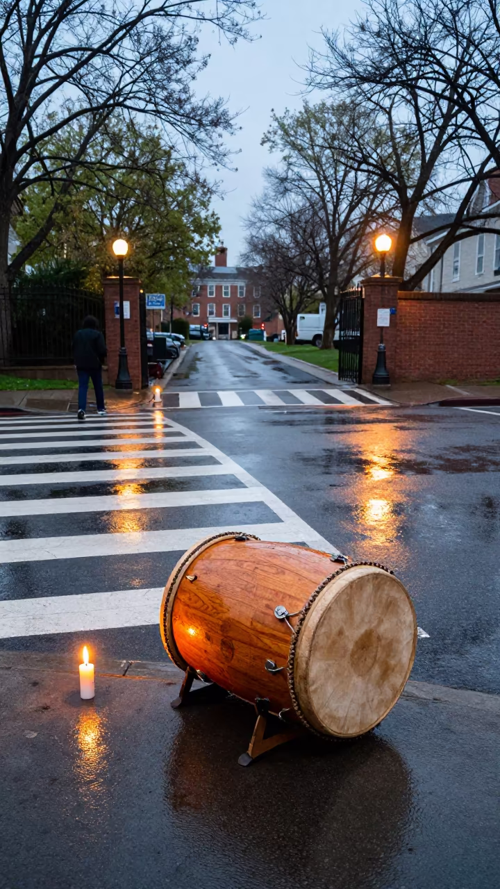 Protest Drum and Candles at School Gate in at a crosswalk by a school gate in Mary