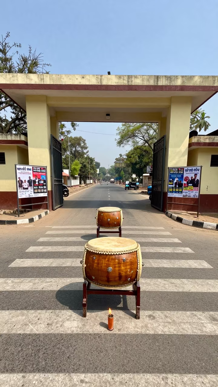 Protest Drum and Candles at Varanasi School Gate in at a crosswalk by a school gate in Varanasi