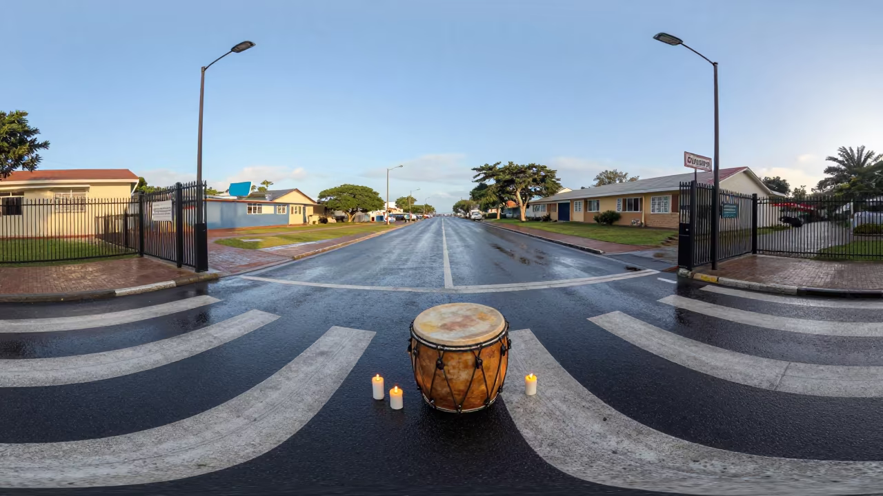 Protest Drum Beside Vigil Candles in at a crosswalk by a school gate near Livingstone