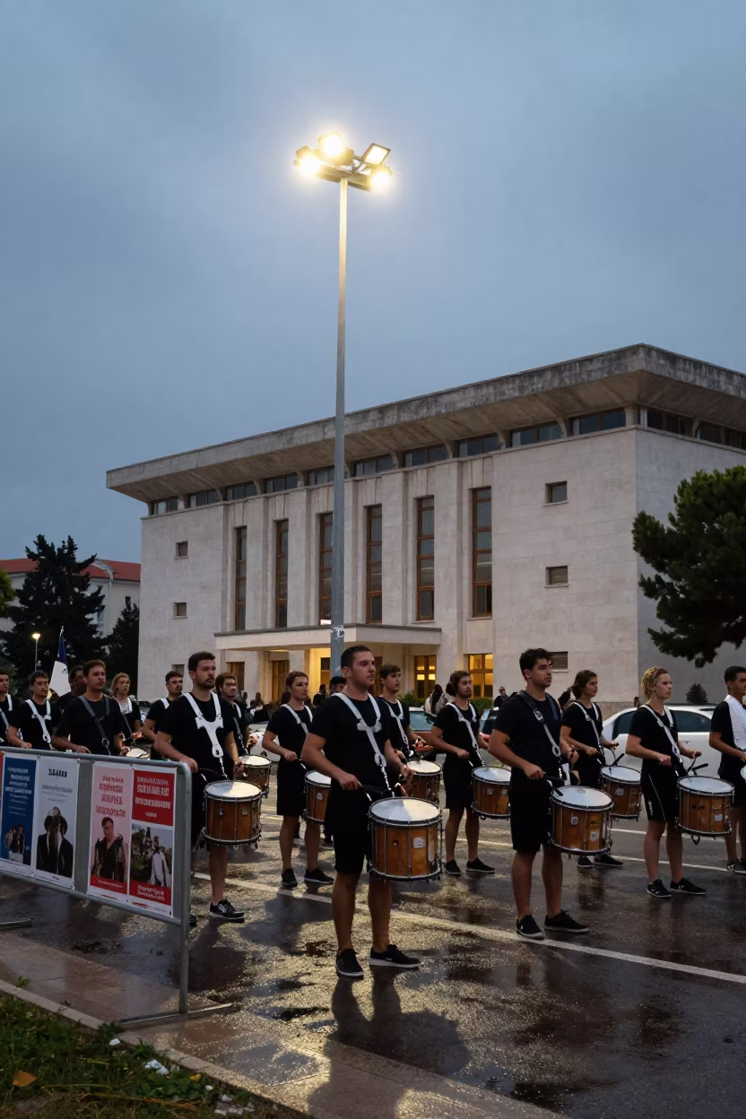 Protest Drumline Under Government Floodlights in beneath government building floodlights in Zadar