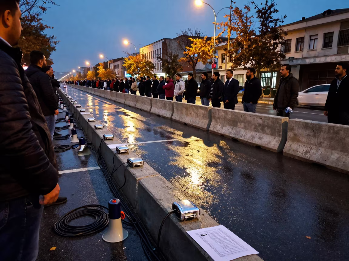 Protest Line Behind Barricades Under Floodlights in beneath government building floodlights in Afyonkarahisar