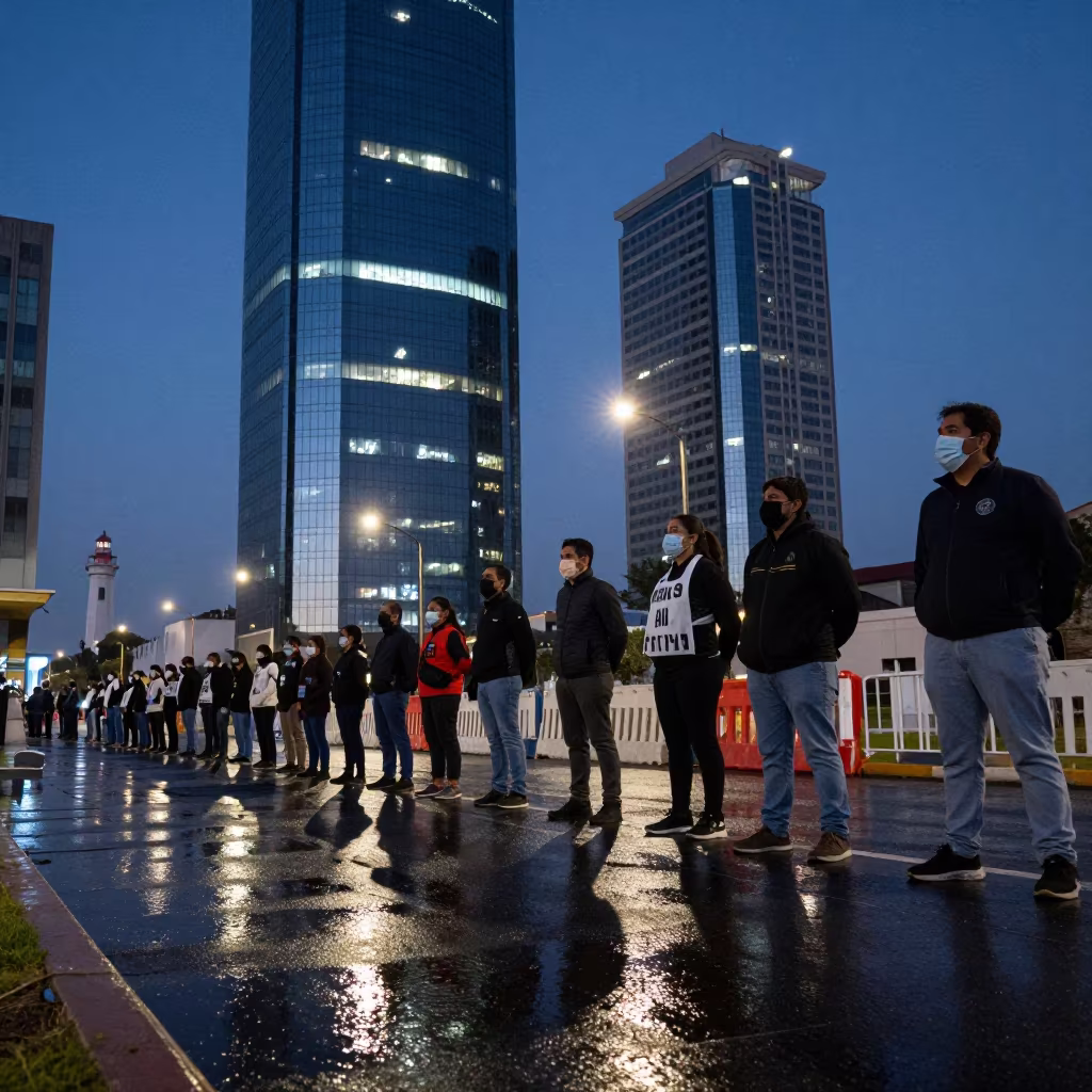 Protest Line Reflected in Arica Office Towers Night in along barricaded protest routes in Arica