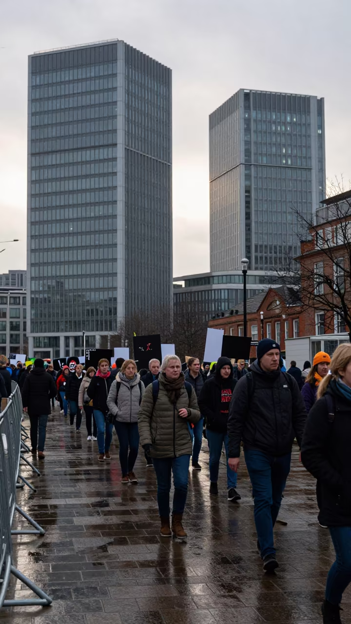 Protest Line Reflected in Nottingham Office Towers in along barricaded protest routes near Nottingham