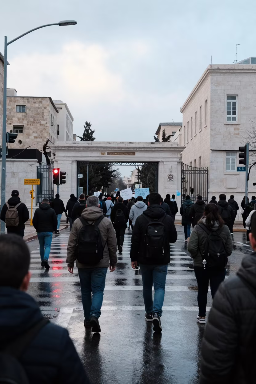 Protest March at Jerusalem School Gate Dawn in at a crosswalk by a school gate in Jerusalem