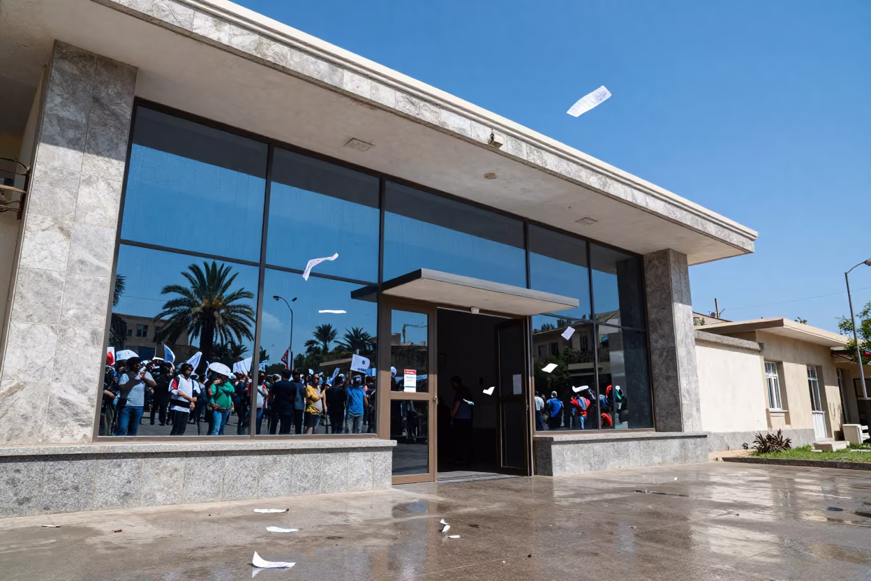 Protest March Reflected in Courthouse Glass Hama in outside a polling station entrance in Hama