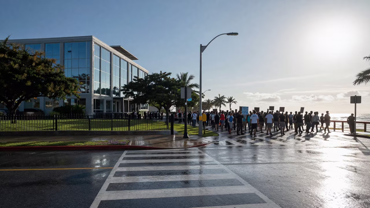 Protest March Reflection in Courthouse Glass After Rain in at a crosswalk by a school gate in Sinfra