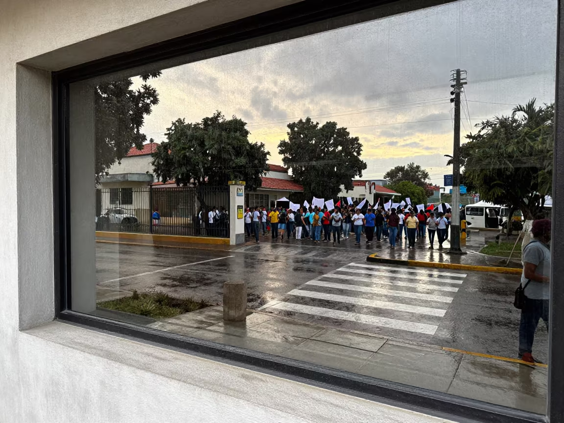 Protest March Reflection Courthouse Glass Toluca in at a crosswalk by a school gate near Toluca de Lerdo