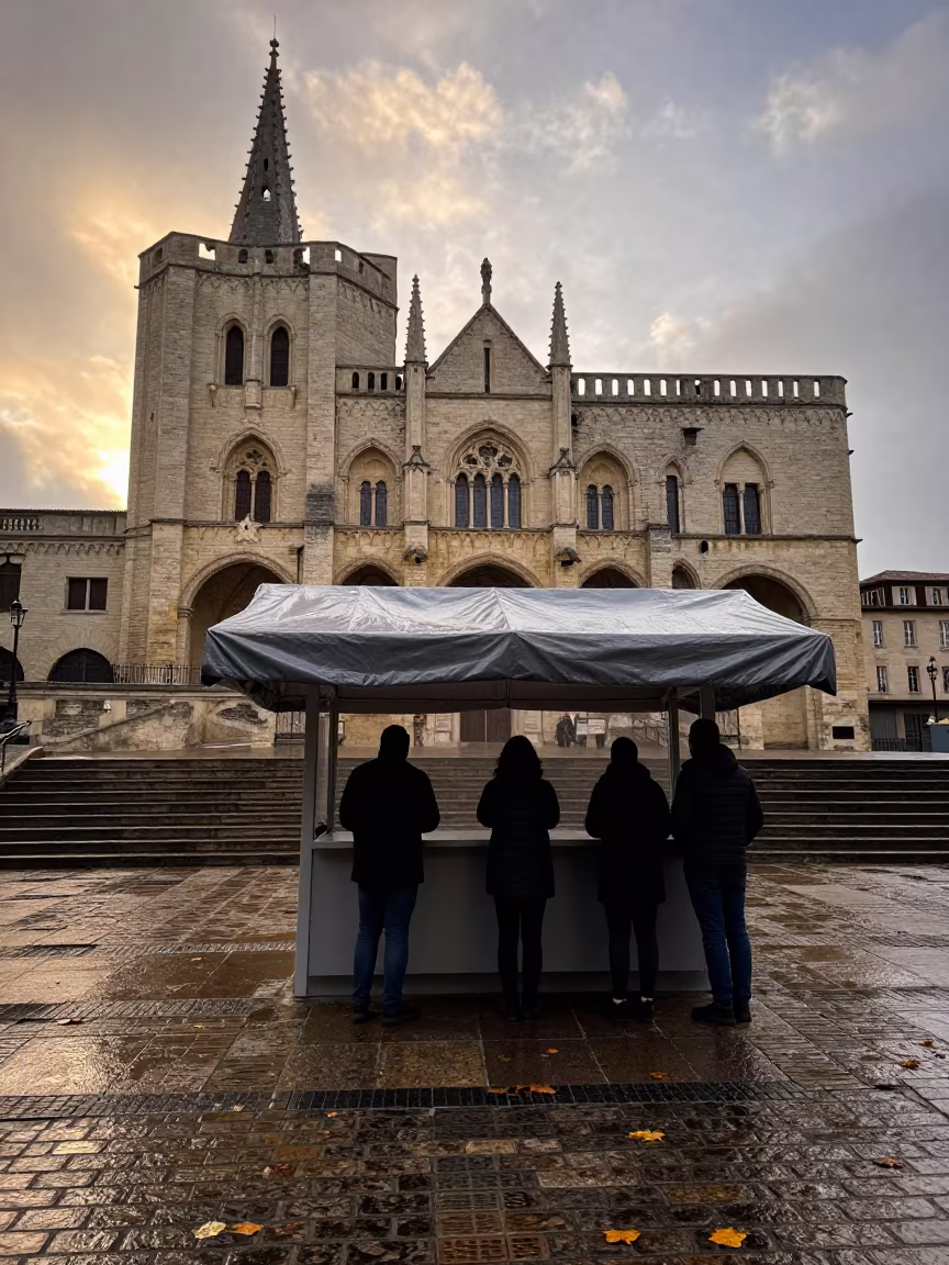 Protest medic station Avignon city hall autumn dusk in on the steps of city hall in Avignon